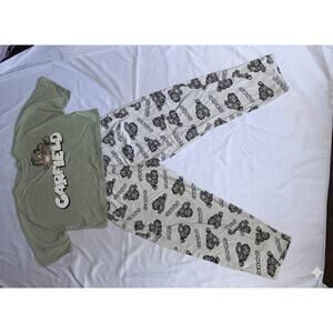 Two-Piece Garfield Lounge Set | Sage Green Crop Tee & Printed PJ Bottoms